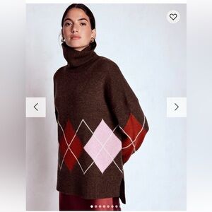 Boden Polly Merino Roll Neck Sweater, Brown Pink Argyle XS Turtleneck NWT